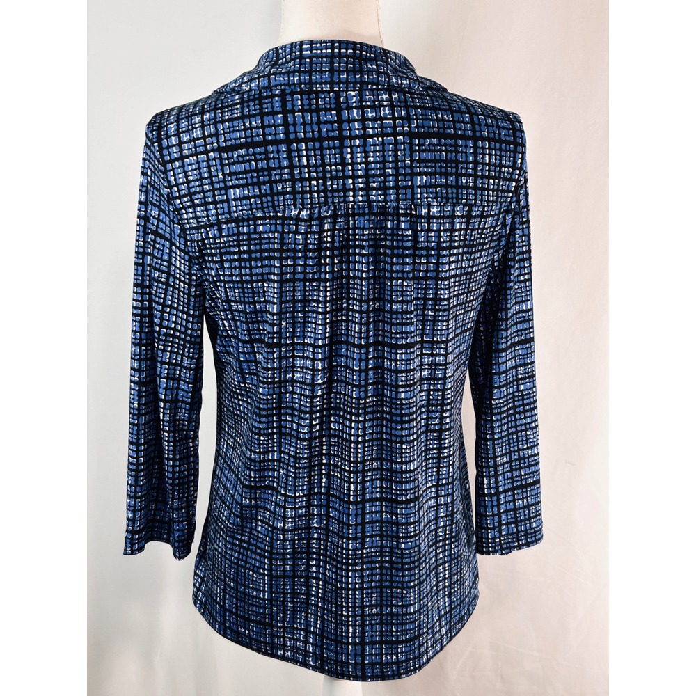 212 Collection Womens Blue Black Geometric Grid 3/4 Sleeve Button Blouse XS - Picture 6 of 10